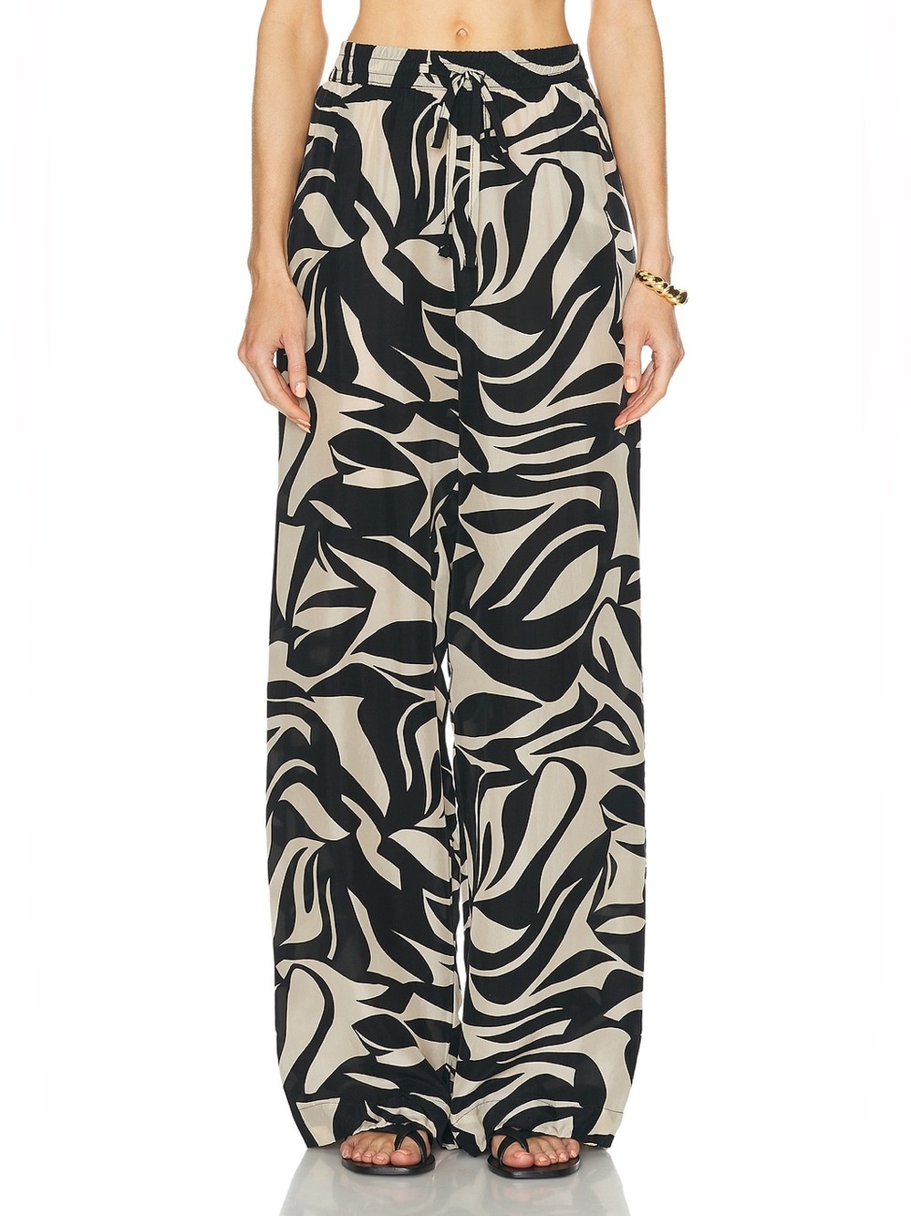 Enza Costa Resort Abstract Tropical Ivory Black Print Cupro Pant EUC Size 0/XS